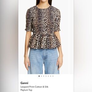 Ganni Leopard Print Smocked Peplum Top